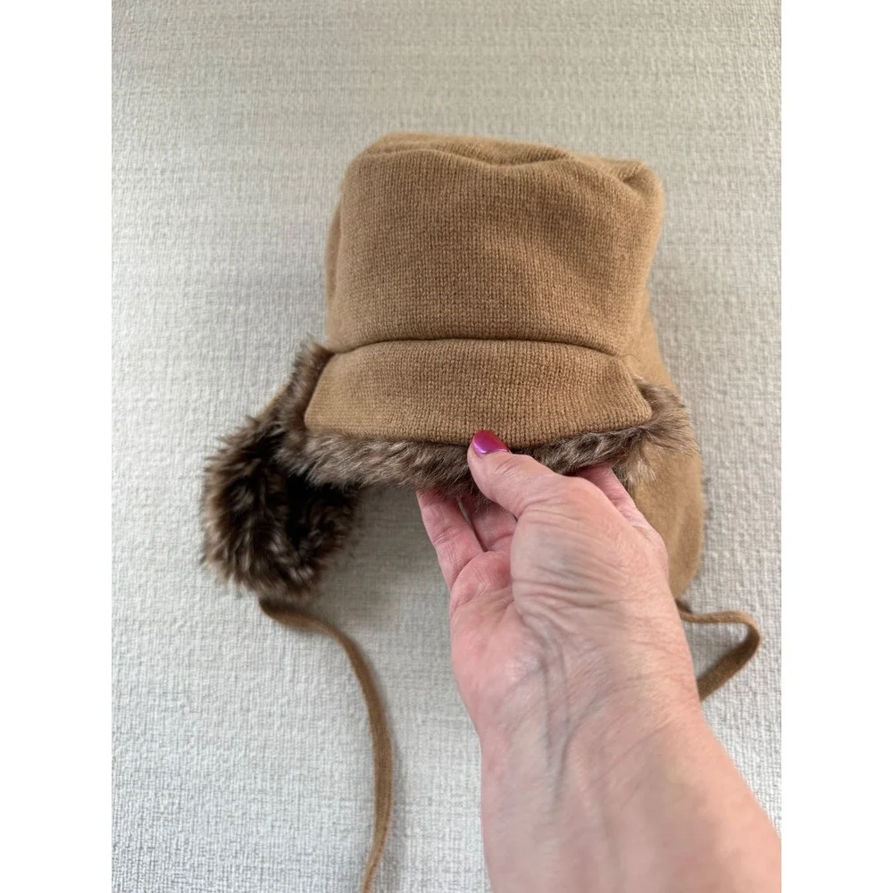 J Crew Wool Blend Faux Fur Lined Flap Trapper Winter Hat Tan Brown Gorpecore